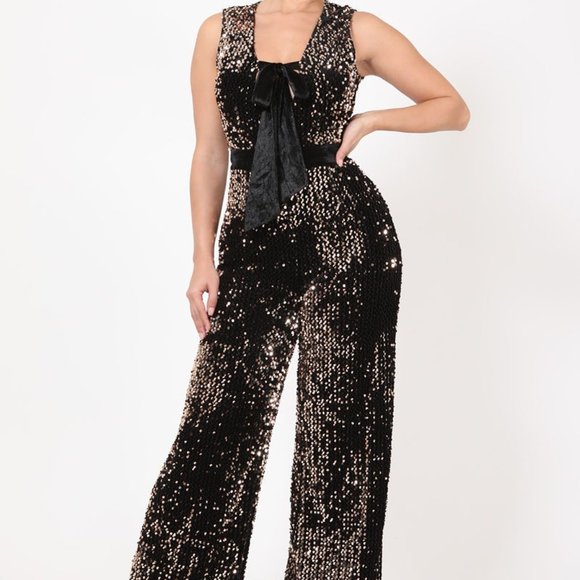 Perfect Party Gold + Black Sequin Jumpsuit - Picture 4 of 7